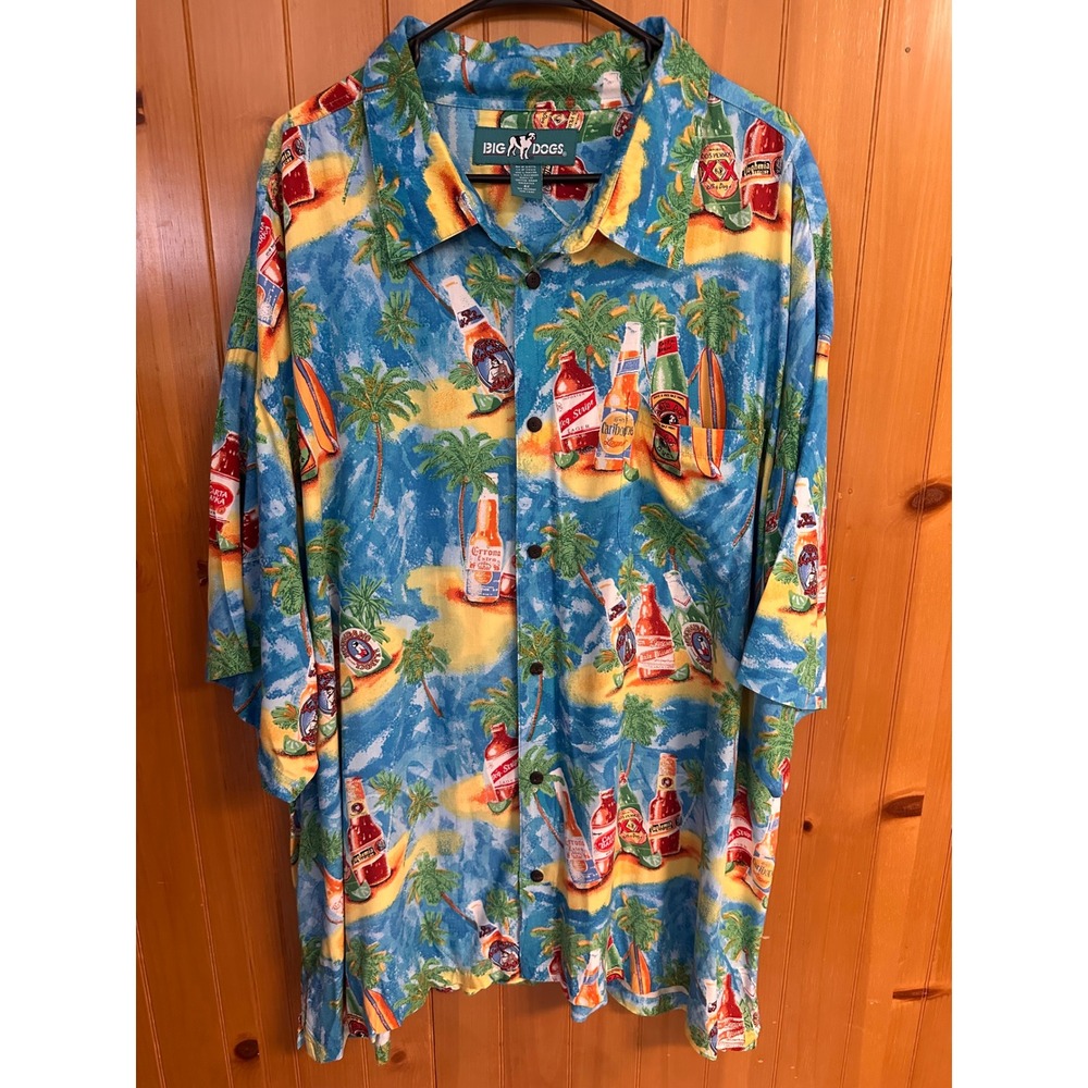 Big Dogs Mens 4X Hawaiian Camp Shirt Blue Rayon Beer Parody Tropical Dad Core